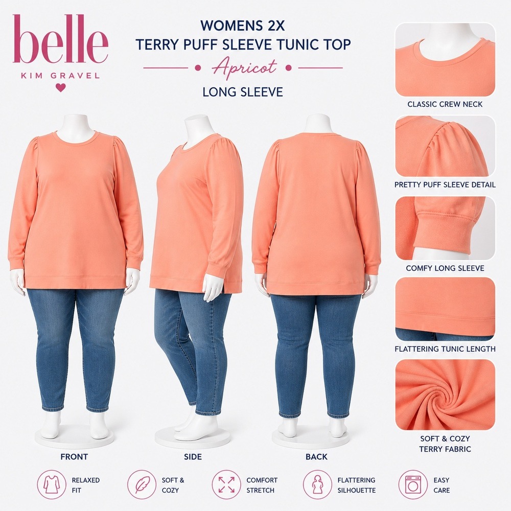 Belle by Kim Gravel Womens 2X Terry Puff Sleeve Tunic Top Apricot Orange A392813